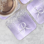 Porta-copo De Papel Quadrado Nome do Monograma da Glitter de Prata Metálica Bru<br><div class="desc">Personalize facilmente esta moda design de porta copos de de papel chic com bonito cintilação prateada em um fundo metálico roxo escovado.</div>