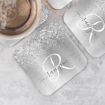 Porta-copo De Papel Quadrado Nome do Monograma da Largura Metálica Brugada<br><div class="desc">Personalize facilmente esta moda design de porta copos de de papel chic com brilho prateado bonito em um fundo metálico embebido em prata.</div>