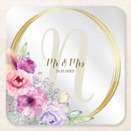 Porta-copo De Papel Quadrado Nome do Monograma de Casamento Ouro Floral Rosa Co