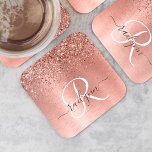 Porta-copo De Papel Quadrado Nome do Monograma do Glitter Metálico Brutado Dour<br><div class="desc">Personalize facilmente este design de porta copos de papel chic em moda,  apresentando um brilho bonito de ouro rosa em um fundo metálico escovado a ouro rosa.</div>