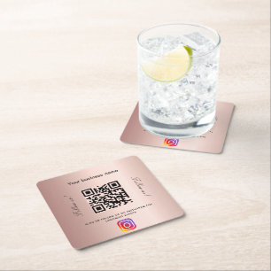 Porta-copo De Papel Quadrado nome do salão de negócio rosa gold qr código Insta