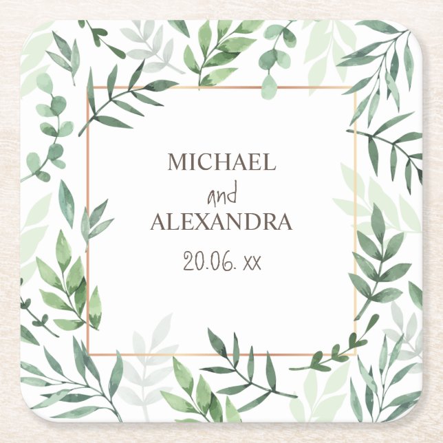 Porta-copo De Papel Quadrado Nome Elegante Casamento de Aquarela Rustic Greener (Frente)