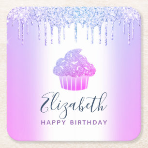 Porta-copo De Papel Quadrado Nome monograma roxo cupcake brilha script