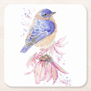 Porta-copo De Papel Quadrado Nome personalizado Aquarela Bluebird Garden Bird A