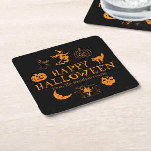 Porta-copo De Papel Quadrado Nome personalizado do Feliz Halloween, preto alara