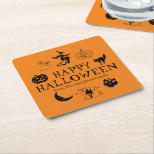 Porta-copo De Papel Quadrado Nome personalizado Feliz Halloween preto e laranja