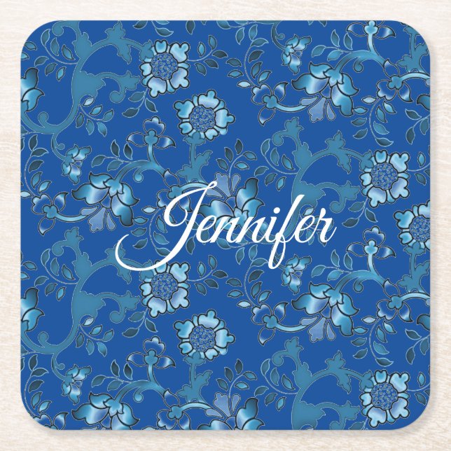Porta-copo De Papel Quadrado Nome Personalizado Floral Azul Elegante para Calig (Frente)