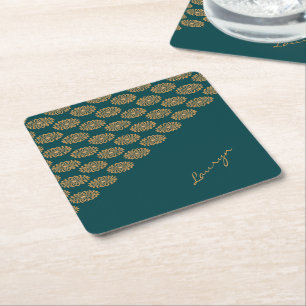 Porta-copo De Papel Quadrado Nome personalizado floral castanho em verde-pinhei