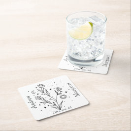 Porta-copo De Papel Quadrado Nome Personalizado Floral Preto e Branco