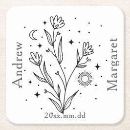 Porta-copo De Papel Quadrado Nome Personalizado Floral Preto e Branco