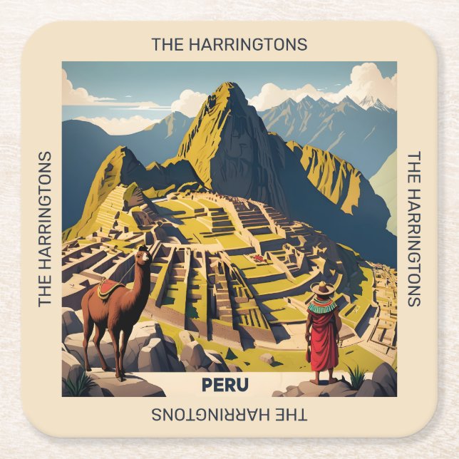 Porta-copo De Papel Quadrado Nome personalizado Peru Machu Picchu (Frente)