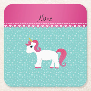 Porta-copo De Papel Quadrado Nome personalizado unicorn turquoise stars