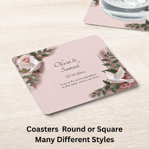 Porta-copo De Papel Quadrado Nomes Data Mensagem Rosas Rosa e Pombas Casamento