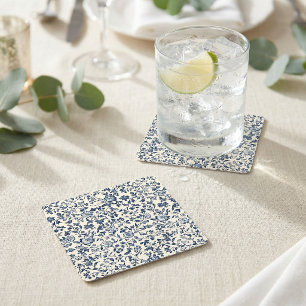 Porta-copo De Papel Quadrado Nomes de casamento florais vintage em azul naval e