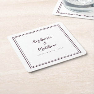 Porta-copo De Papel Quadrado Nomes de Casamento Roxo Data Simples Minimalista M