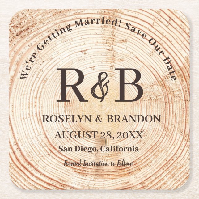 Porta-copo De Papel Quadrado Nomes de Monograma de Madeira Rústica Salvar Data (Frente)