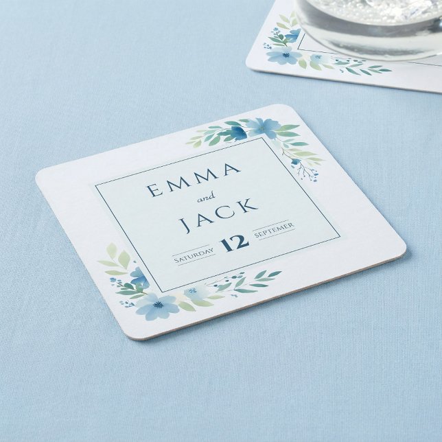 Porta-copo De Papel Quadrado Nomes verdes azuis legantes e casamento de data (Elegant blue greenery names and date wedding square paper coaster.)