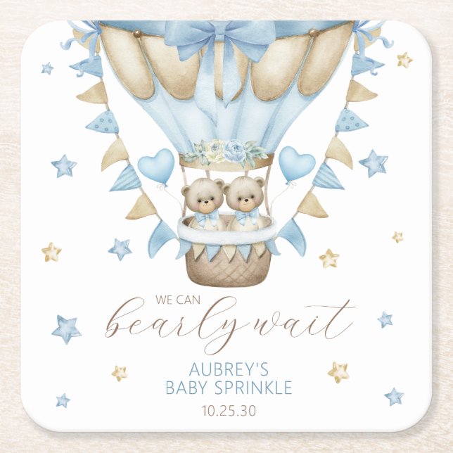 Porta-copo De Papel Quadrado Nós Podemos Esperar Um Garoto Gêmeo, Bebê. (Frente)