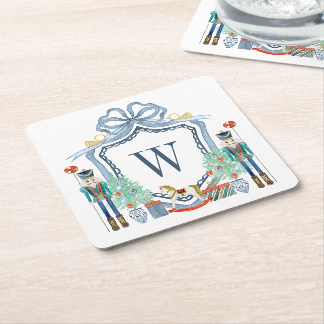 Porta-copo De Papel Quadrado Noz-Cacker Monograma Monograma Crest Natal (Inclinado)