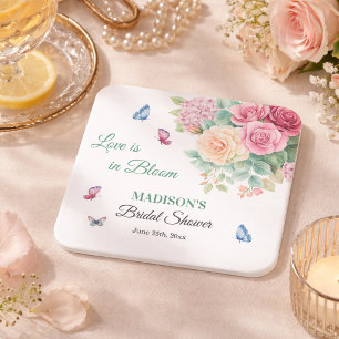 Porta-copo De Papel Quadrado O amor está em flor Borboletas Chá de Noiva