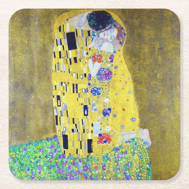 Porta-copo De Papel Quadrado O Beijo, Gustav Klimt (Frente)