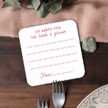 Porta-copo De Papel Quadrado O meu conselho para a noiva e o noivo divertiam-se<br><div class="desc">Diversão da porta copos de papel de casamento com 4 crimson linhas vermelhas para seus hóspedes escreverem seus pensamentos felizes para as recém-casadas sobre um fundo branco; a legenda no topo da porta copos lê "Meu conselho para a noiva e o noivo" em fontes vermelhas escuras e modernas. Veja a...</div>