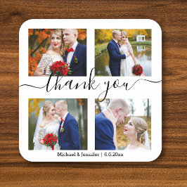 Porta-copo De Papel Quadrado obrigado, colagem minimalista de 4 fotos casamento