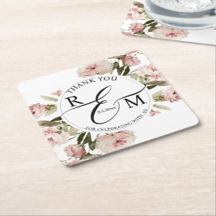 Porta-copo De Papel Quadrado obrigado de casamento de monograma cor-de-rosa-d-á