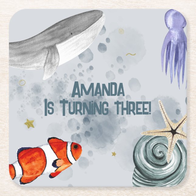 Porta-copo De Papel Quadrado Oceano Criaturas Aniversário de criança Festa Azul (Frente)