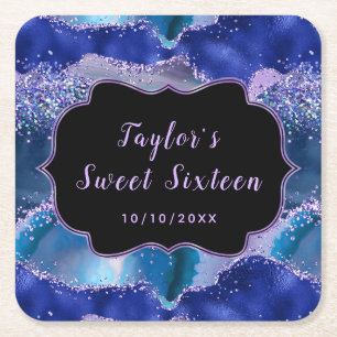 Porta-copo De Papel Quadrado Oceano de Ágata Azul Escuro e Roxo Sweet Sixteen