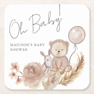 Porta-copo De Papel Quadrado Oh Baby Boho Botânico com Chá de fraldas de Urso D