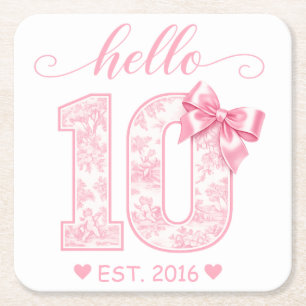 Porta-copo De Papel Quadrado Olá 10 Aniversário Rosa Olá 10 Ano Personalizado