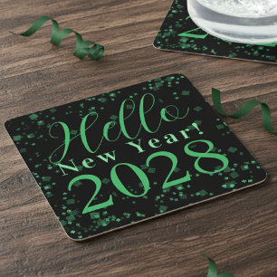 Porta-copo De Papel Quadrado Olá Ano Novo! Véspera de Ano Novo Verde Preto Bril