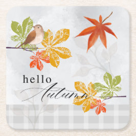 Porta-copo De Papel Quadrado Olá outono com aves e folhas de outono