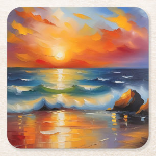 Porta-copo De Papel Quadrado Óleo Pintura do pôr do sol laranja sobre o oceano