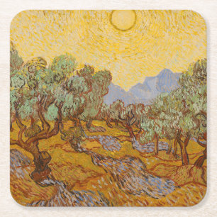Porta-copo De Papel Quadrado Oliveiras de Van Gogh Sol Amarelo Céu