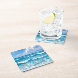 Porta-copo De Papel Quadrado Ondas do Oceano Aquarela Casamento Praiano Costeir