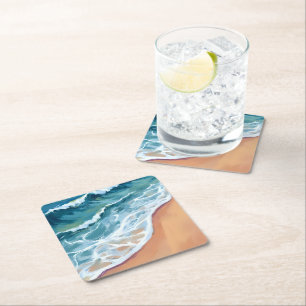 Porta-copo De Papel Quadrado Ondas do Oceano Azul Aquarela