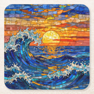 Porta-copo De Papel Quadrado Ondas Oceânicas da Costa ao Pôr do Sol  