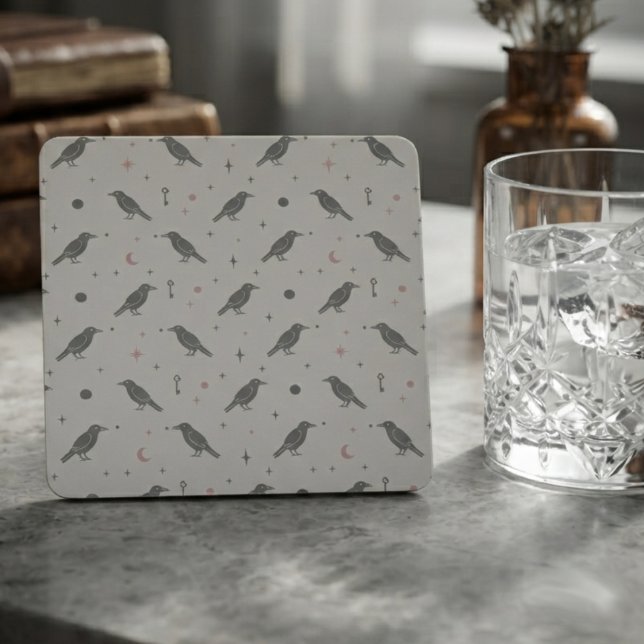 Porta-copo De Papel Quadrado Onyx Gótico Celestial Corvo Temperamental (Celestial raven drink coaster for dark academia fans and autumn study sessions)
