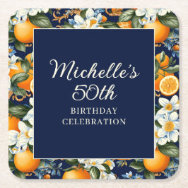 Porta-copo De Papel Quadrado Oranges White Flowers Navy Blue Birthday Welcome