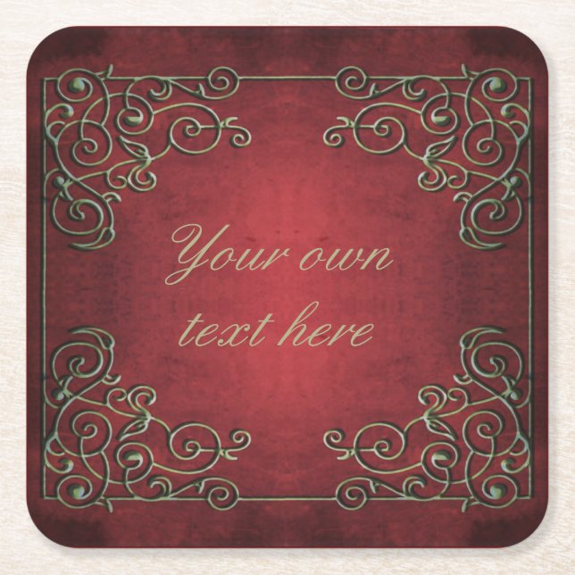 Porta-copo De Papel Quadrado Ornate Antique Red and Gold Custom Text (Frente)