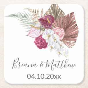 Porta-copo De Papel Quadrado Orquídeas Brancas Secas Palma Burgundy Floral Casa
