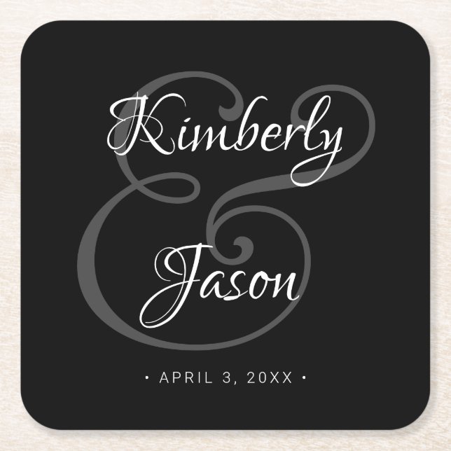 Porta-copo De Papel Quadrado Os Nomes Da Escrita Branca Dele, Casamento Negro (Frente)