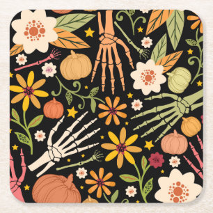 Porta-copo De Papel Quadrado Ossos de Halloween, padrão floral uniforme.