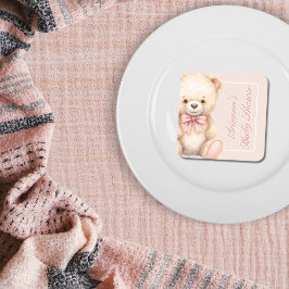Porta-copo De Papel Quadrado Our Little Bear on the Way Pink Bow Baby Shower