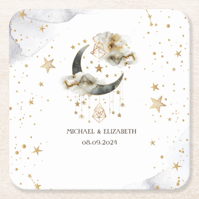 Porta-copo De Papel Quadrado Ouro Celestial Lua Estrelas  (Frente)