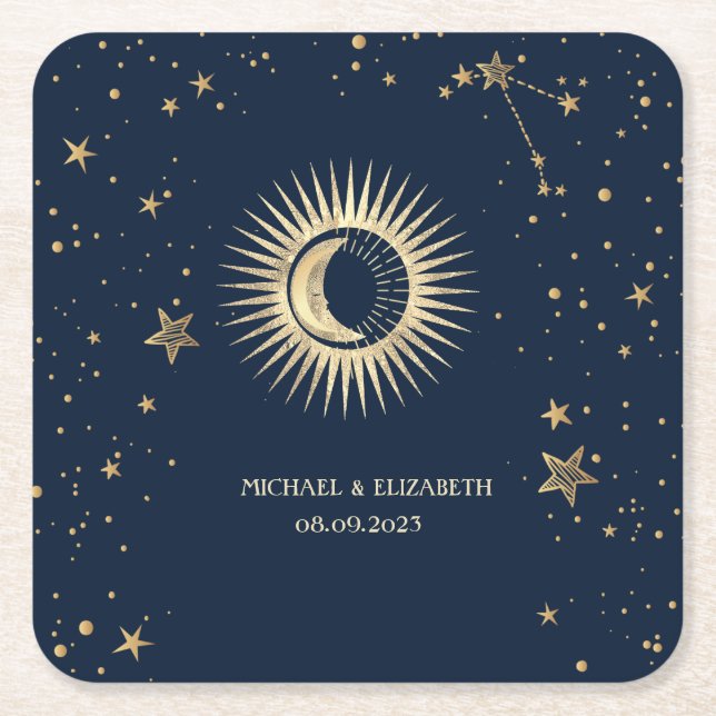 Porta-copo De Papel Quadrado Ouro Celestial Sol e Lua Estrelas (Frente)