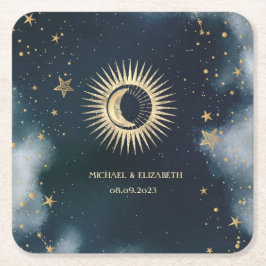 Porta-copo De Papel Quadrado Ouro Celestial Sol, Lua, Estrelas Céu Noturno