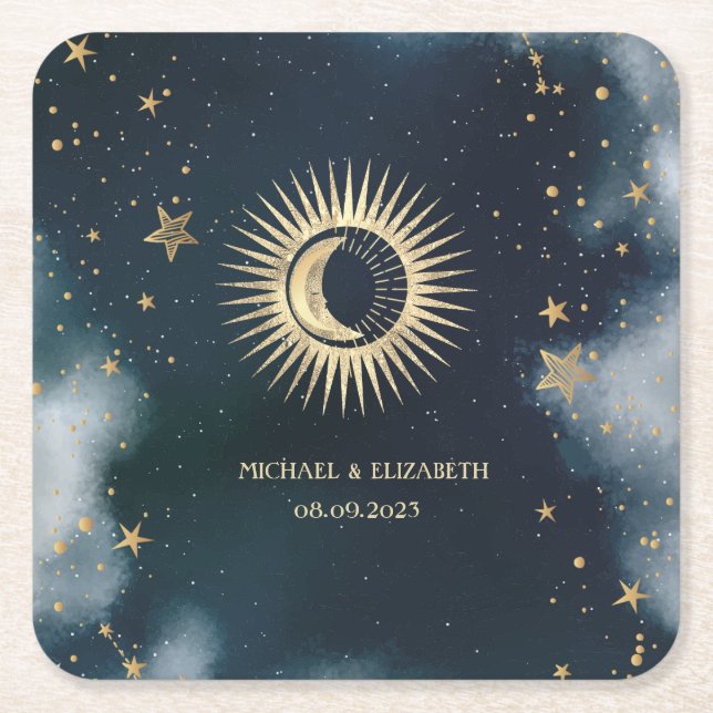 Porta-copo De Papel Quadrado Ouro Celestial Sol, Lua, Estrelas Céu Noturno (Frente)